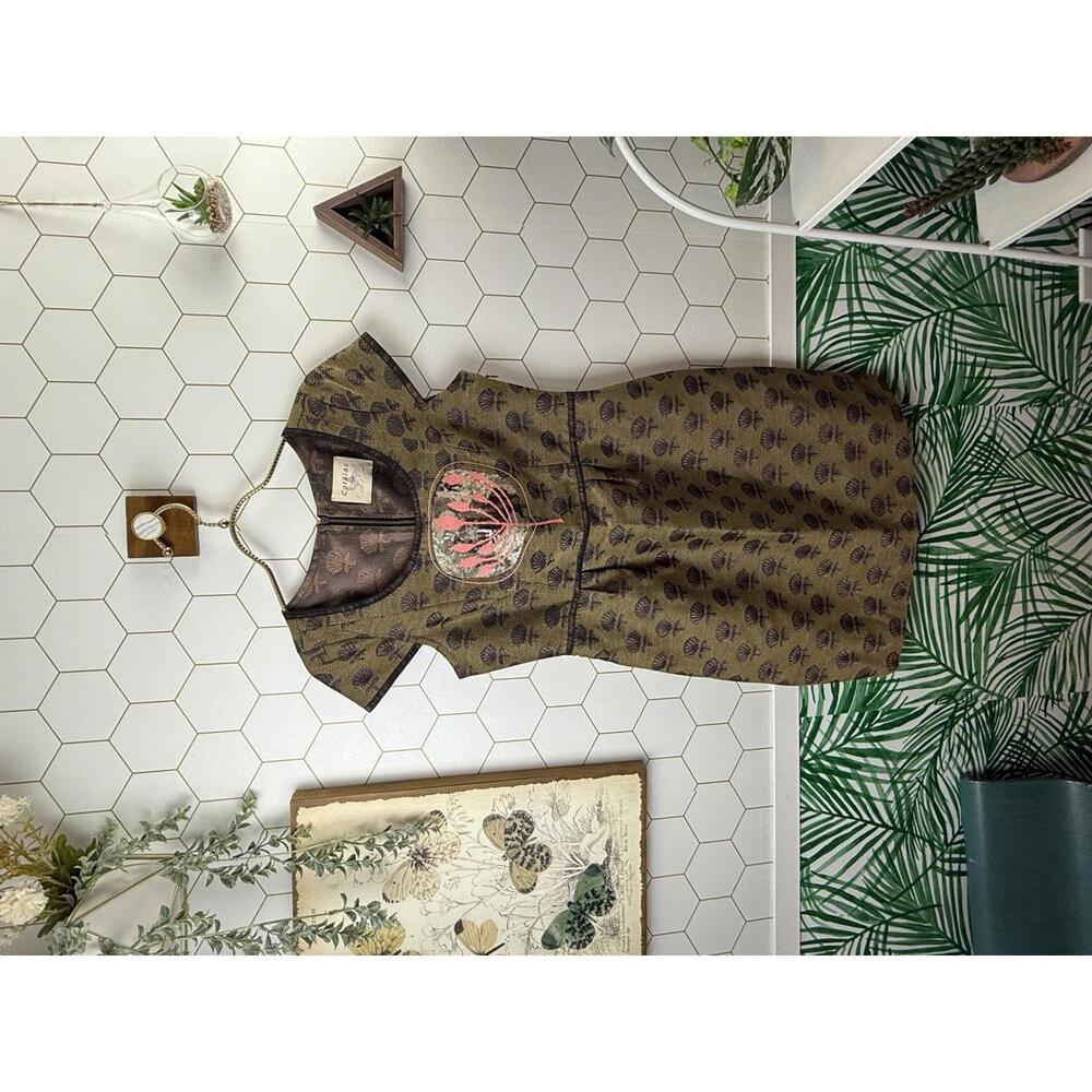Cotélac French Olive Cap Sleeve Fitted Embroidered Jacquard Dress - Size - 1